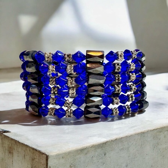 Magnetic Hematite & Royal Blue Bicone Crystal Bead Wrap Bracelet - Picture 4 of 9
